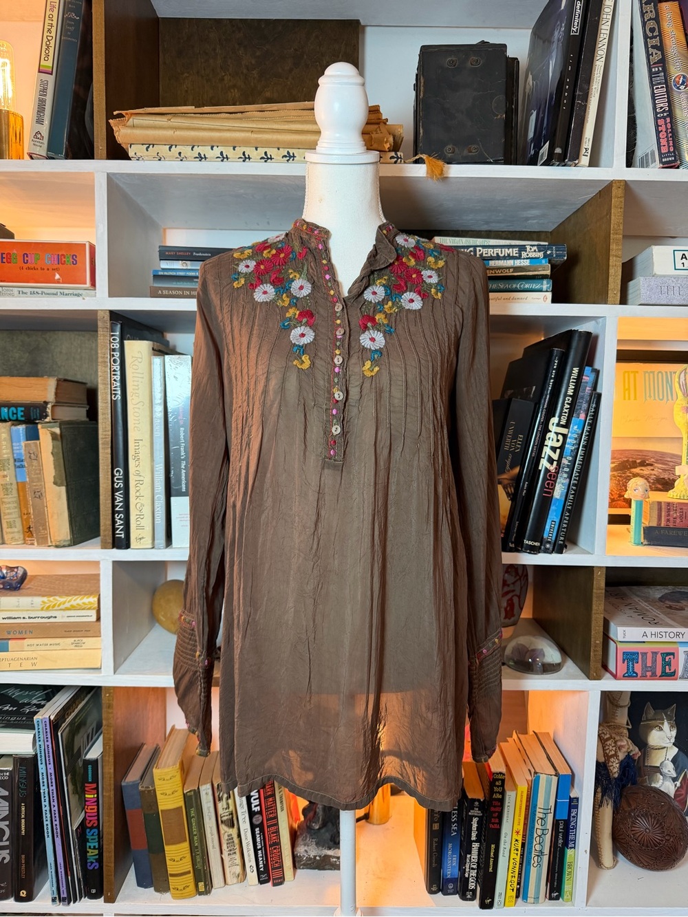 Johnny Was Brown Embroidered Floral Split-Neck Tunic